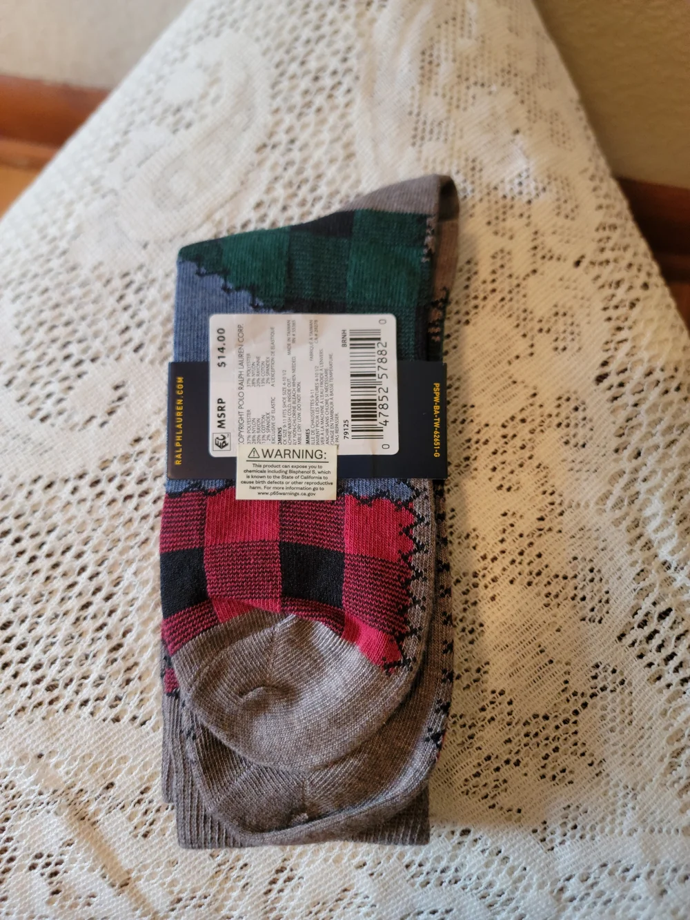 Polo by Ralph Lauren Gray Argyle Pattern Crew Socks with Green and Red Accents - Picture 2 of 3